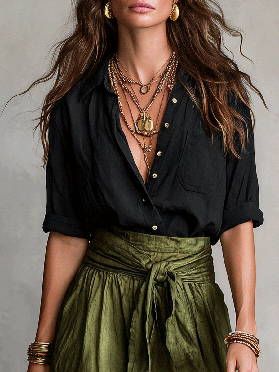 Effortless Boho Black Blouse & Olive Satin Midi Skirt Set