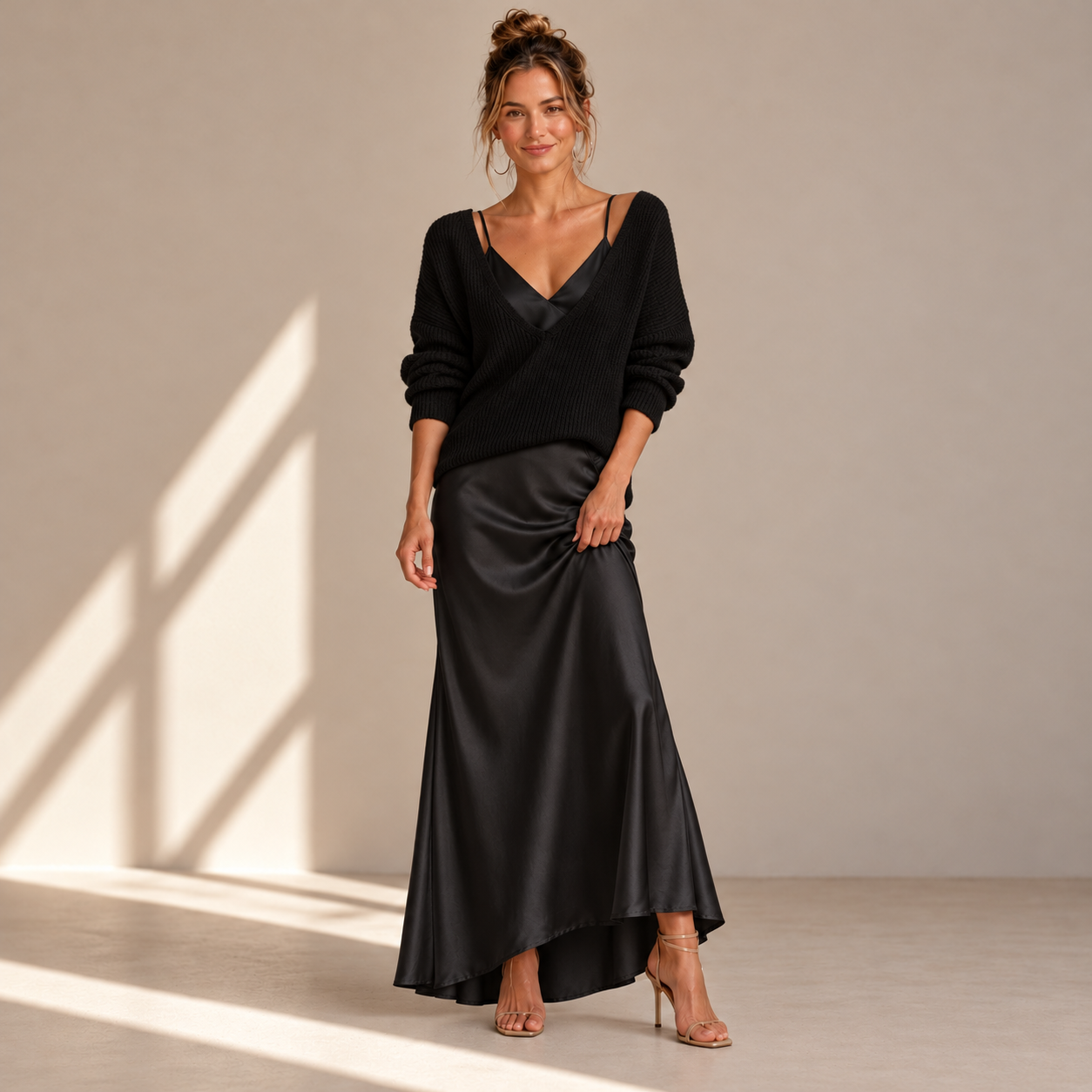 Satin Midi Dress with Included Sweater