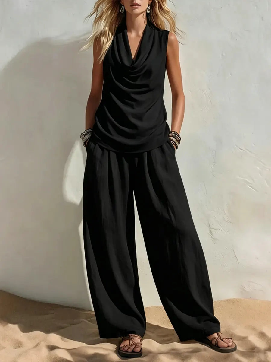 Relaxed Cotton-linen Sleeveless Women's V-neck Wide-leg Pants Two-piece Set