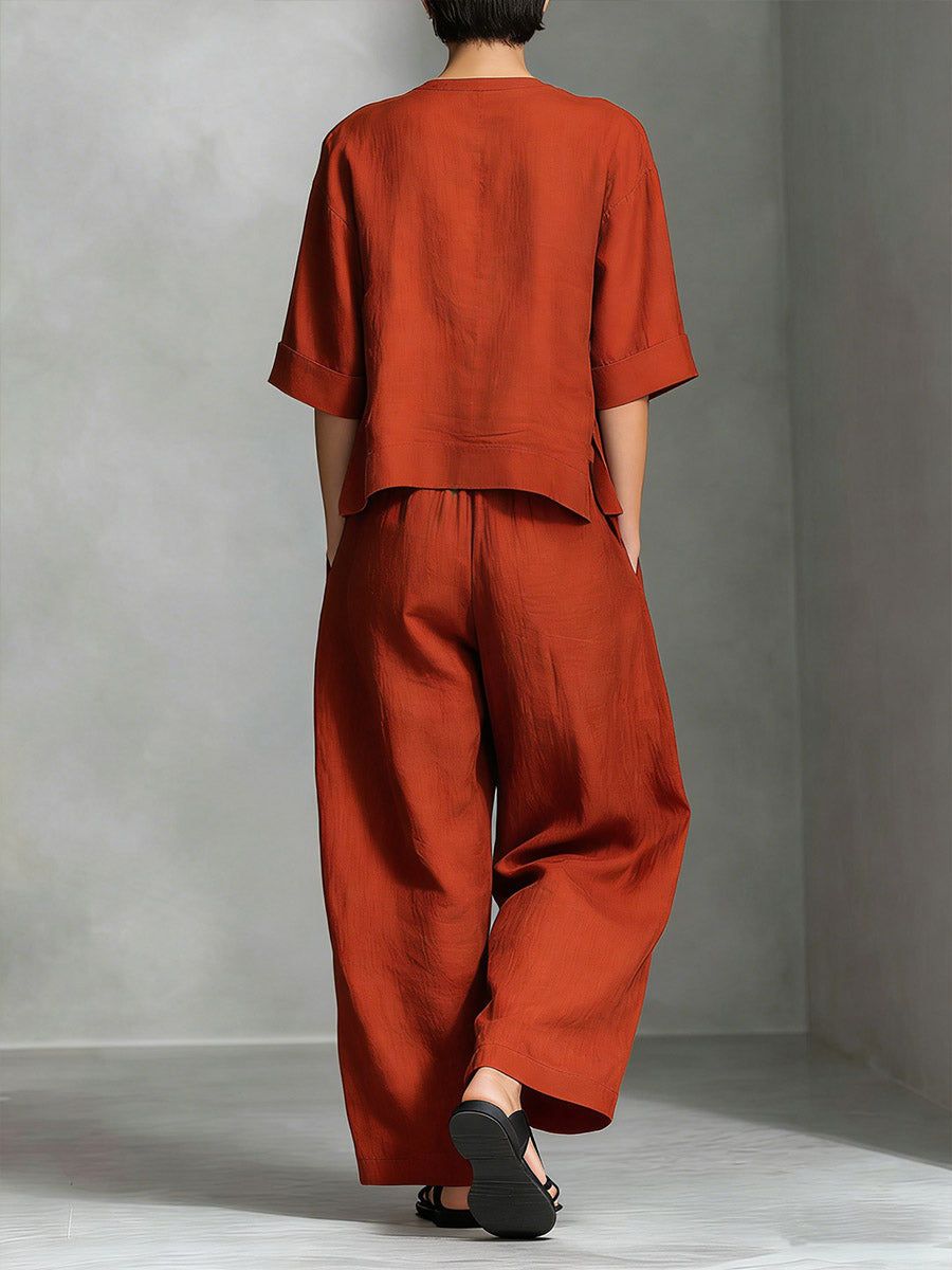 Women's Solid Color Round Neck 3/4 Sleeve Casual Loose Cotton Linen Top And High Waist Wide-leg Pants Cotton Linen Set