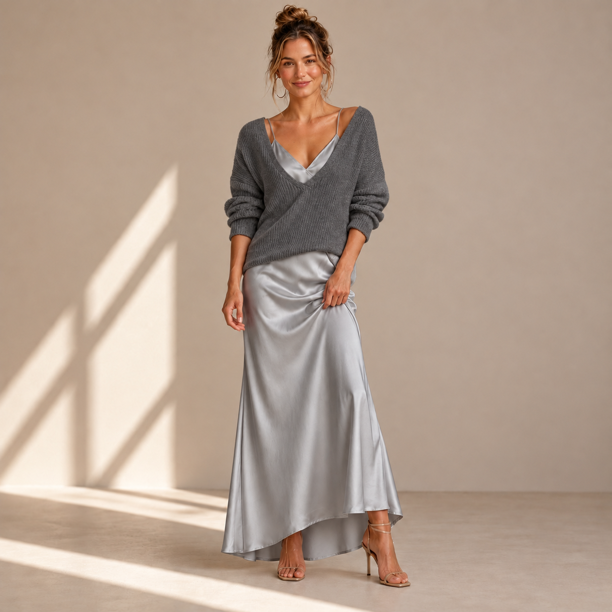 Satin Midi Dress with Included Sweater