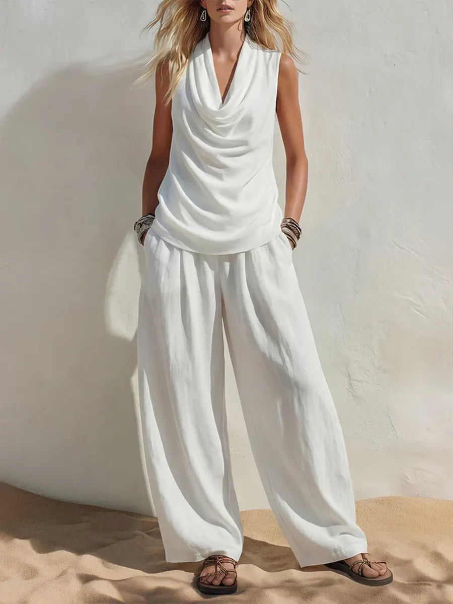 Relaxed Cotton-linen Sleeveless Women's V-neck Wide-leg Pants Two-piece Set