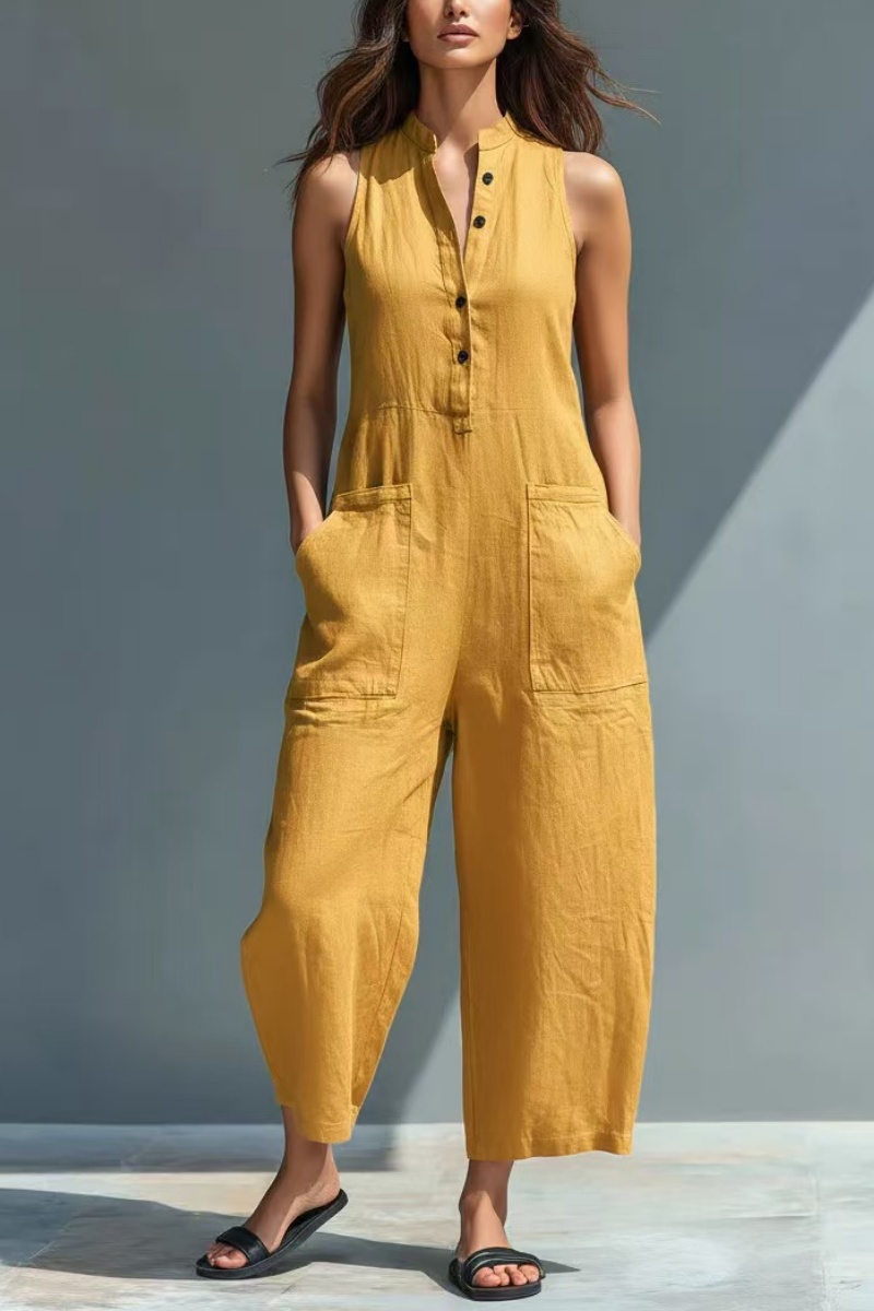 🔥Hot Selling Now！Women's  Minimalist Faux Linen Button-down Collar Sleeveless Loose-fitting Jumpsuit