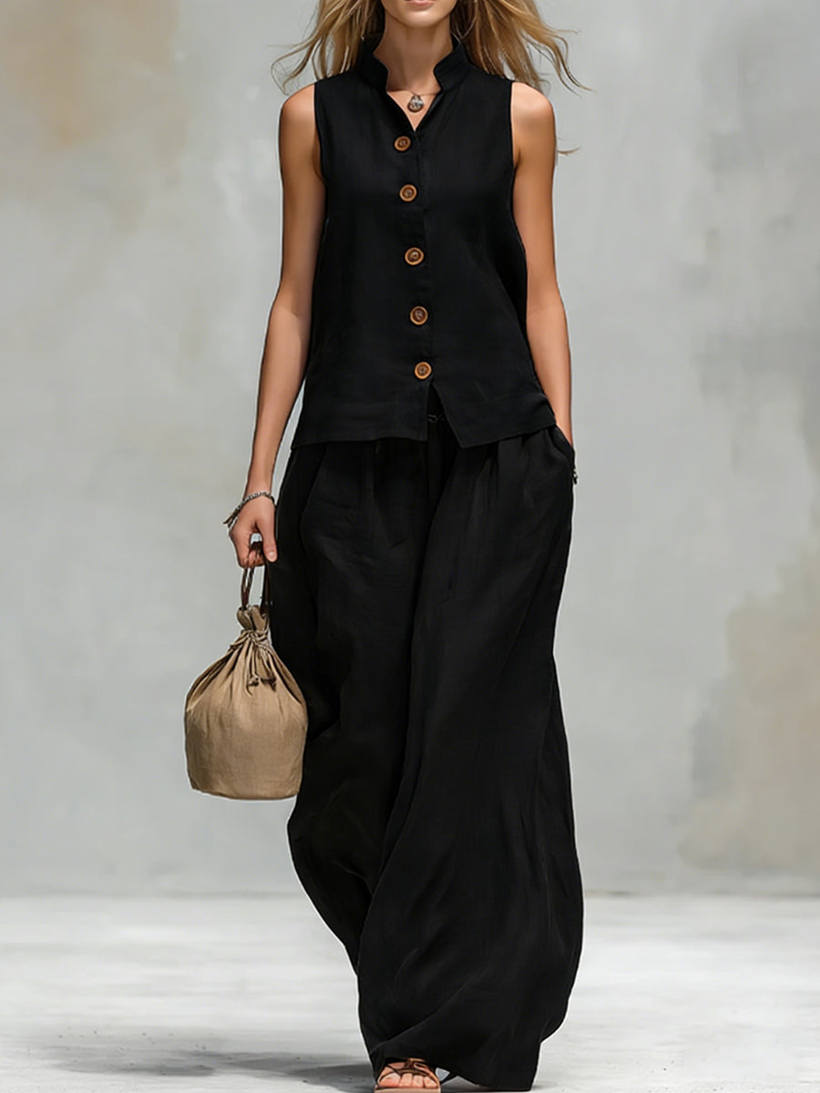 Comfortable And Casual V-neck Sleeveless Button-down Top And Trousers Set