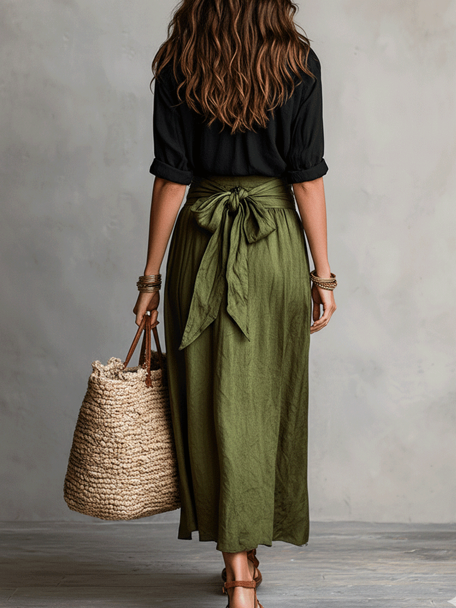 Effortless Boho Black Blouse & Olive Satin Midi Skirt Set