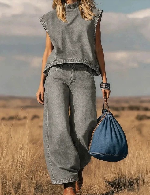 High Waisted Loose Pockets Solid Color Mock Neck Suits Vest Top + Pants Bottom Two Pieces Set