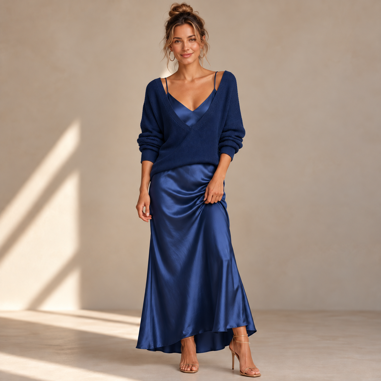 Satin Midi Dress with Included Sweater