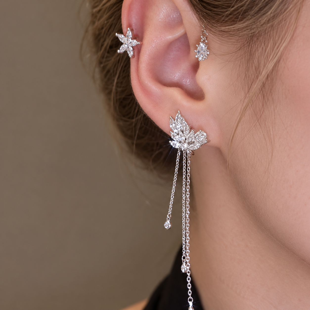 Lilyfall Ear Vine – No-Pierce Floral Crystal Cuff, Gold & Silver