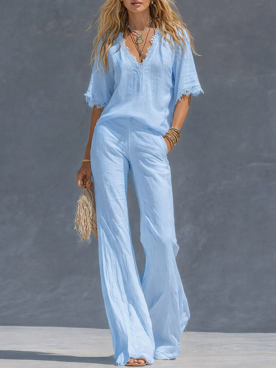Women's Solid Color V-neck Short-sleeved Casual Loose Linen Top And High-waisted Loose Wide-leg Linen Pants Set.