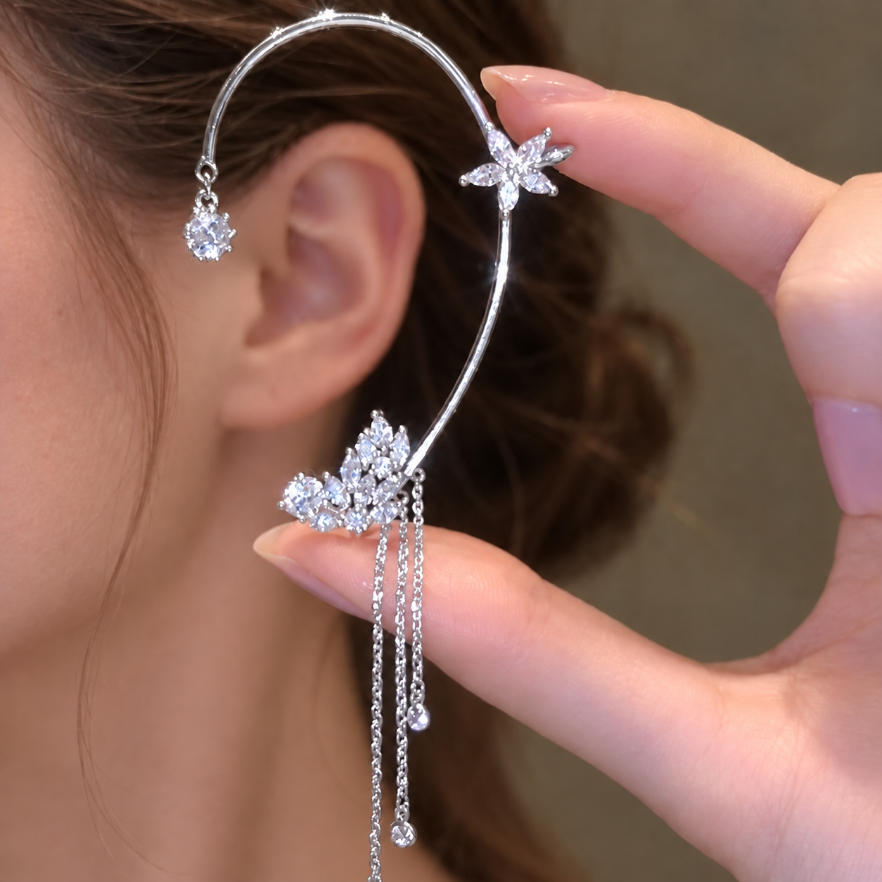 Lilyfall Ear Vine – No-Pierce Floral Crystal Cuff, Gold & Silver