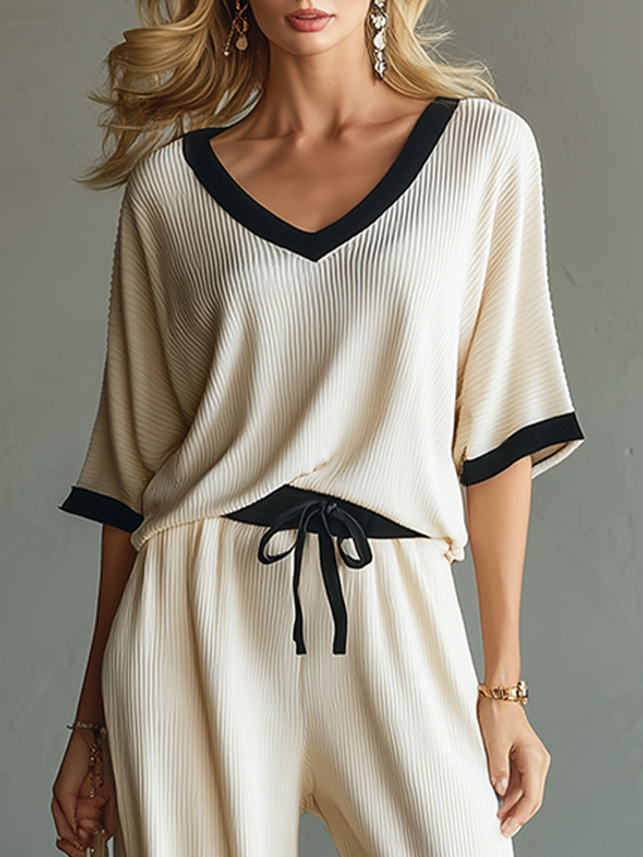 Casual Sporty Color-blocked Short-sleeved Knit Top And Pants Set