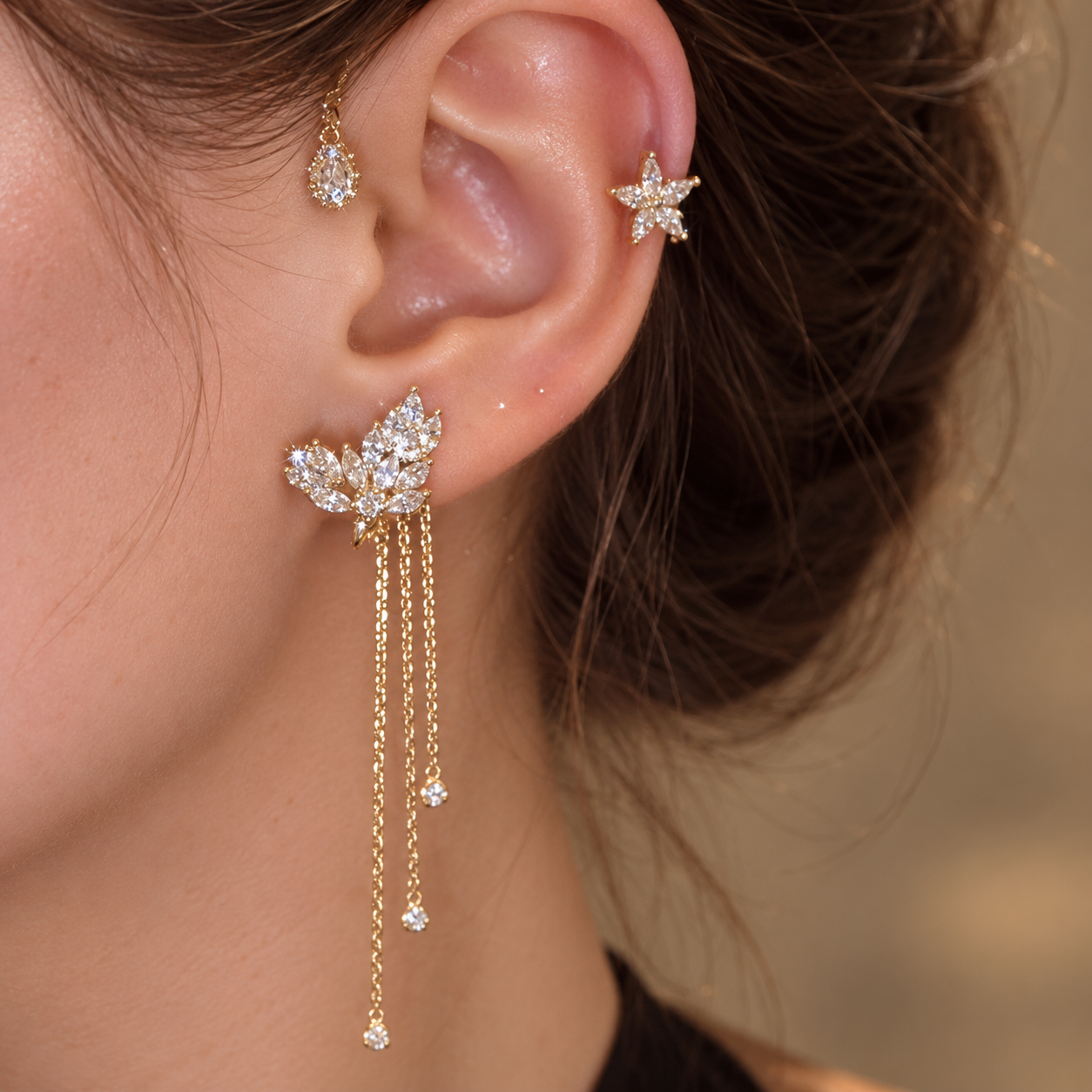 Lilyfall Ear Vine – No-Pierce Floral Crystal Cuff, Gold & Silver