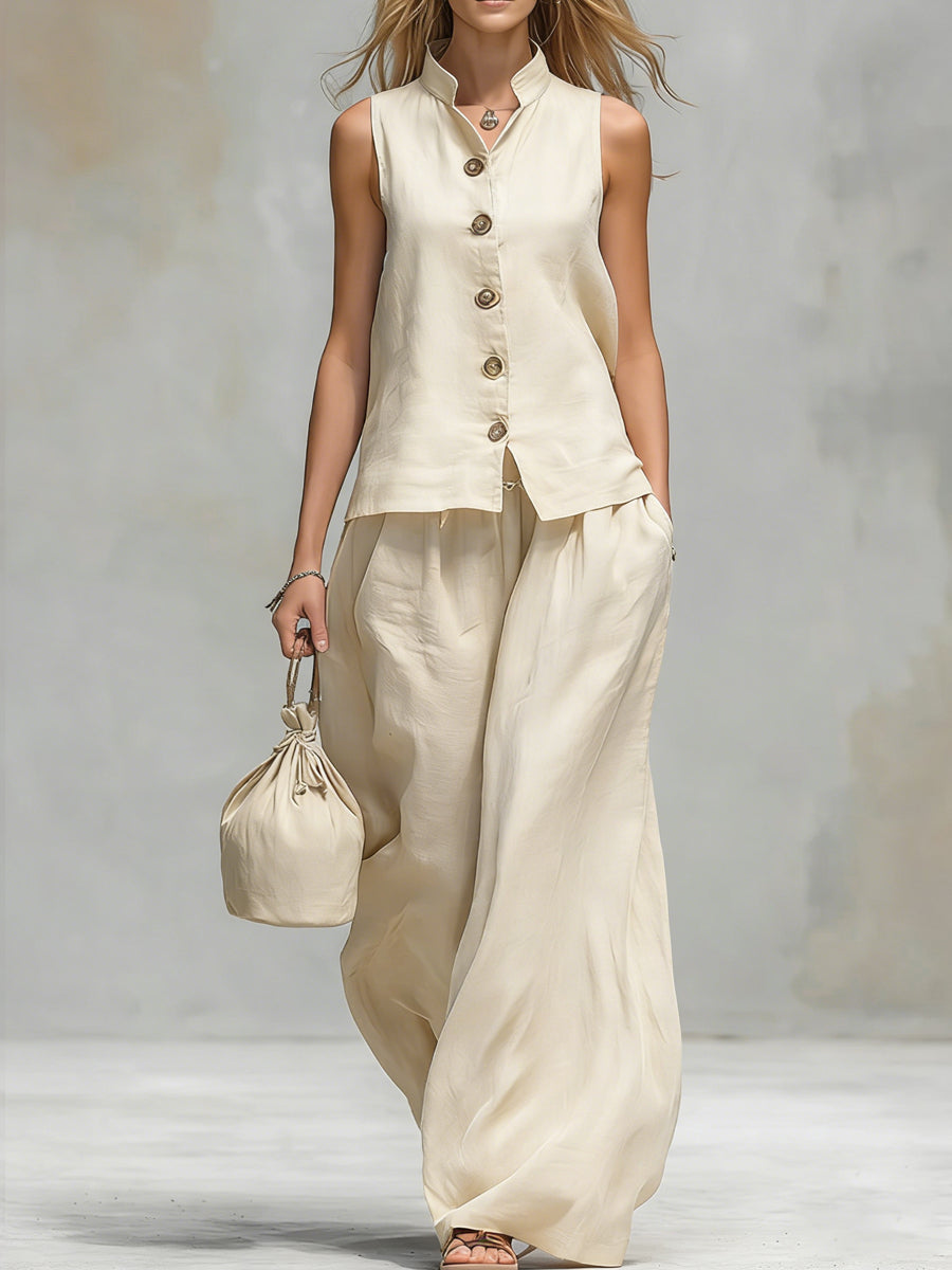 Comfortable And Casual V-neck Sleeveless Button-down Top And Trousers Set