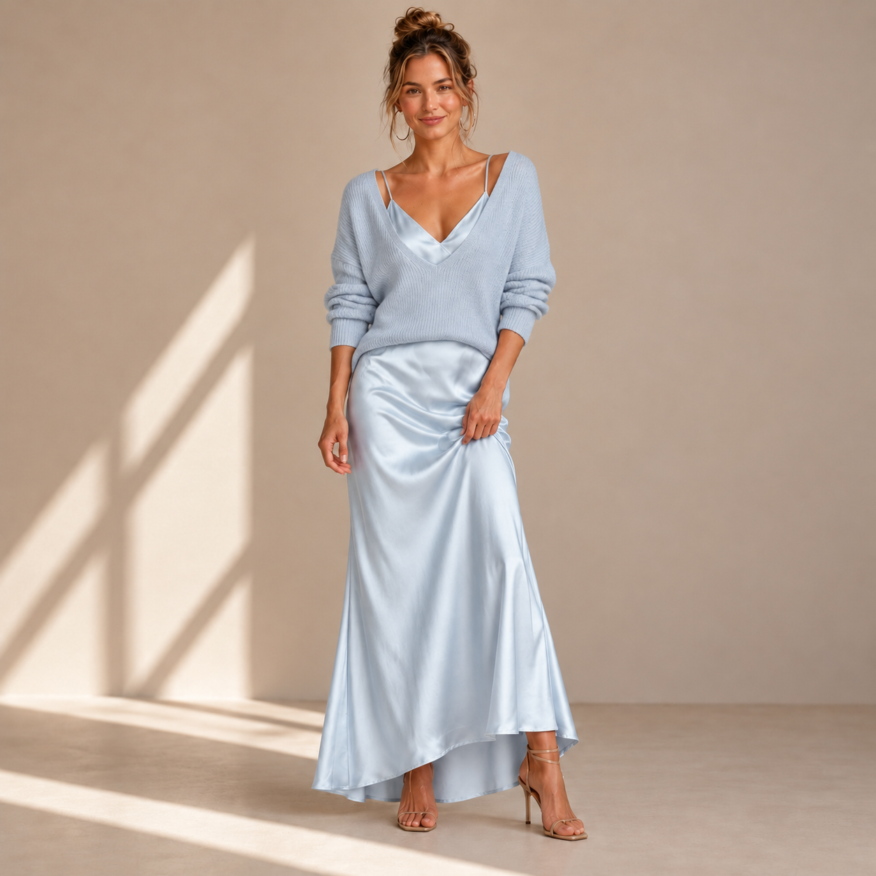 Satin Midi Dress with Included Sweater