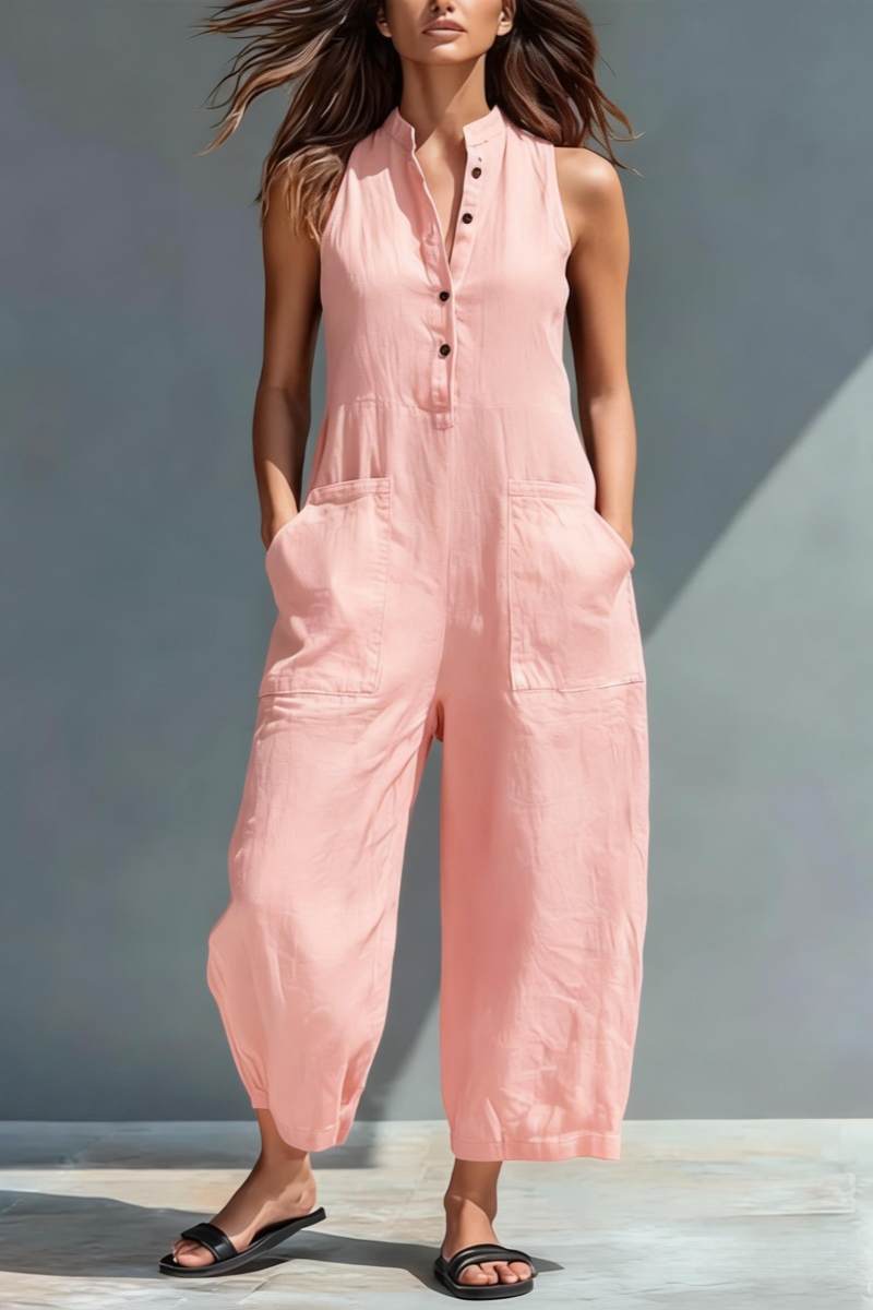 🔥Hot Selling Now！Women's  Minimalist Faux Linen Button-down Collar Sleeveless Loose-fitting Jumpsuit