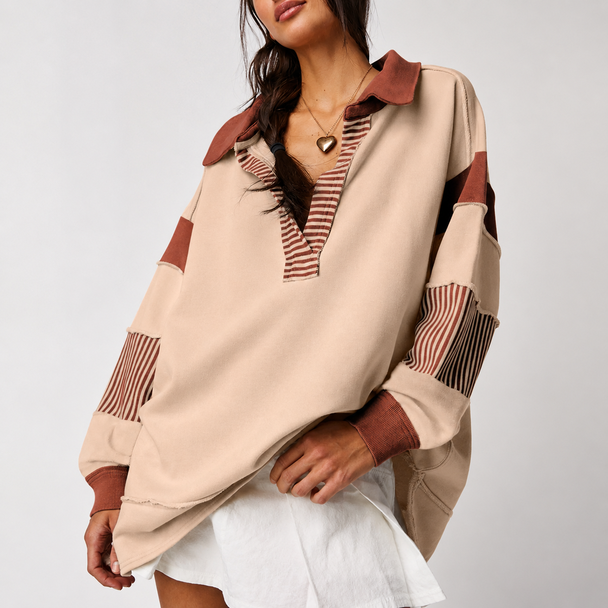 Colorblock Striped Johnny Collar Sweatshirt