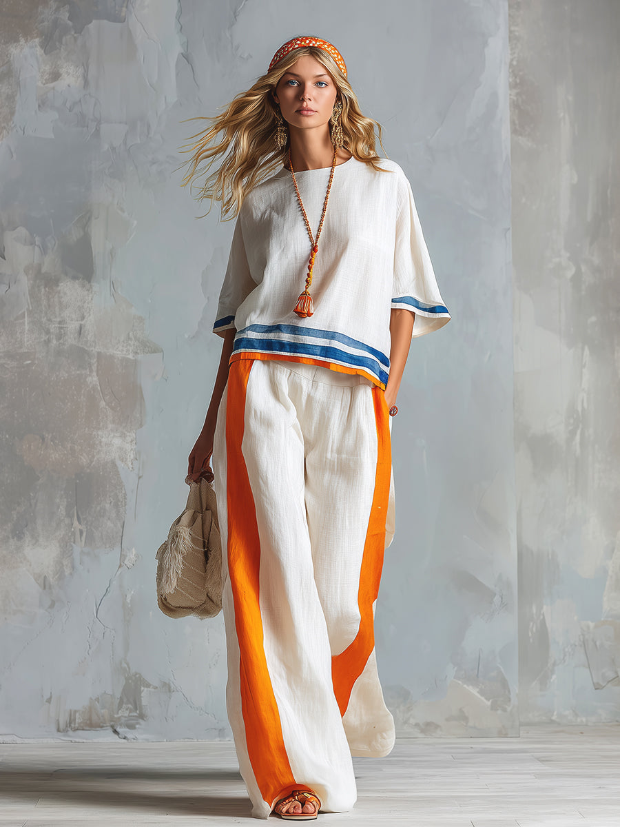Casual Urban Style Contrast-Trimmed White T-Shirt & Wide-Leg Pants Cotton-Linen Set