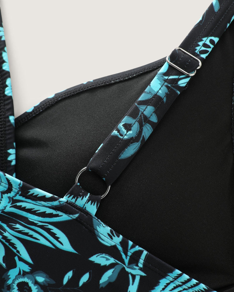 Two-Piece Floral Print Ruched Mesh Swimsuit, Sarong