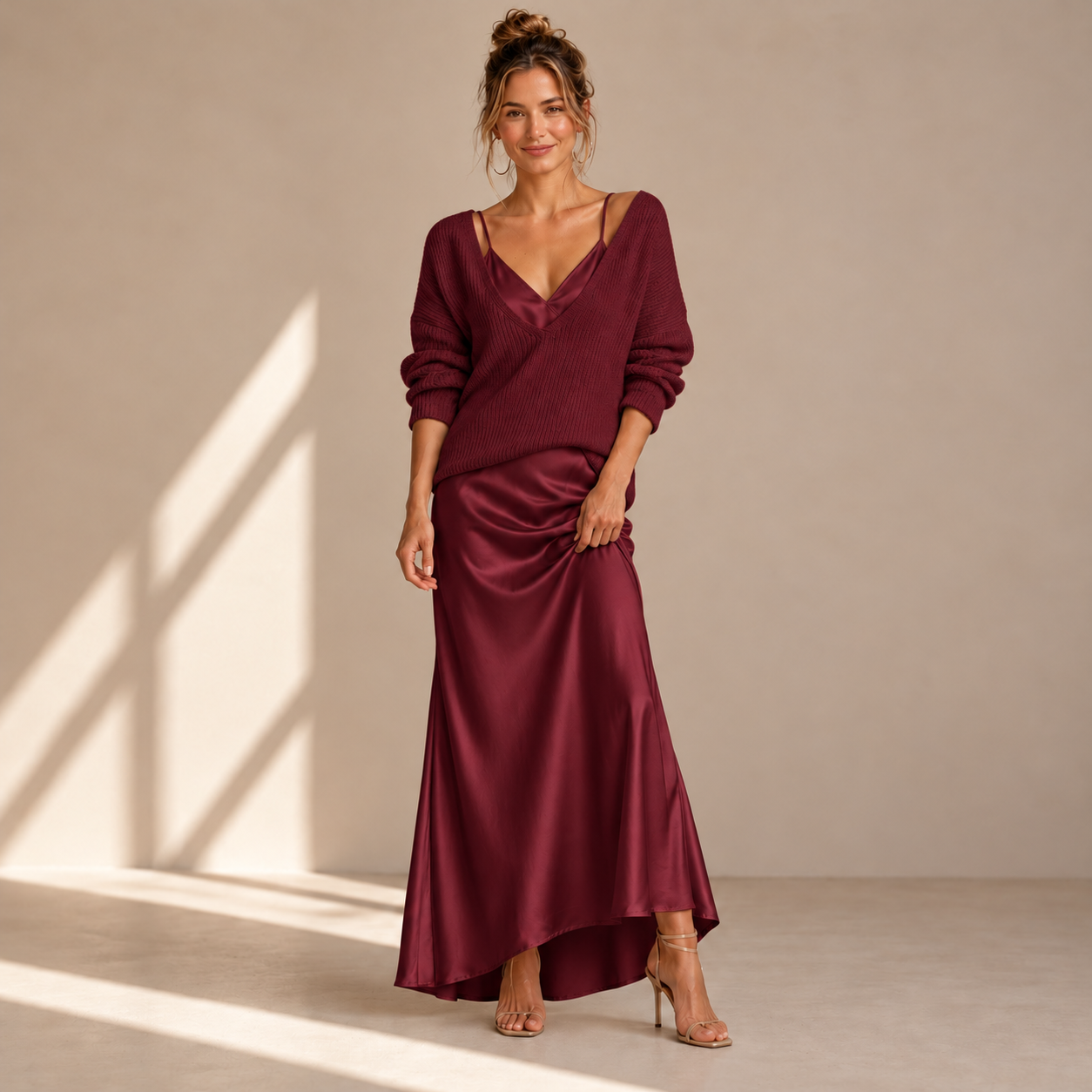 Satin Midi Dress with Included Sweater