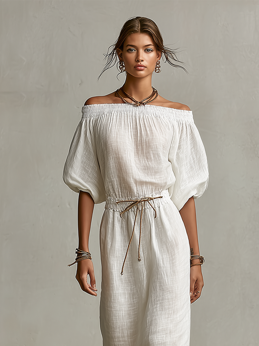 Women's White Linen Dress With Elasticated Off-Shoulder Detail & Drawstring Waist, Timeless Boho-Relaxed Style Dress