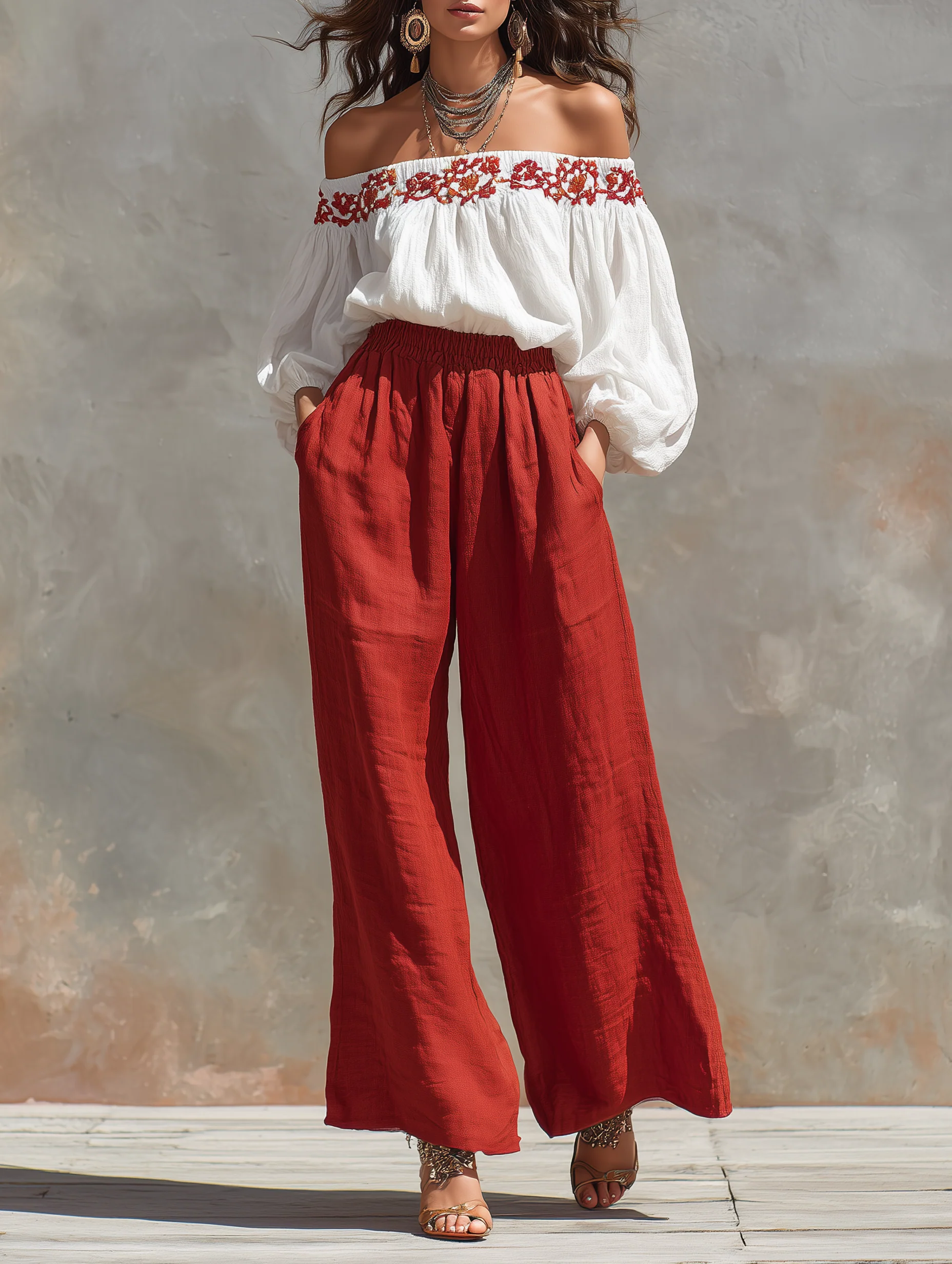 Stylish Off-shoulder Linen And Cotton Top And Pants Two-piece Set