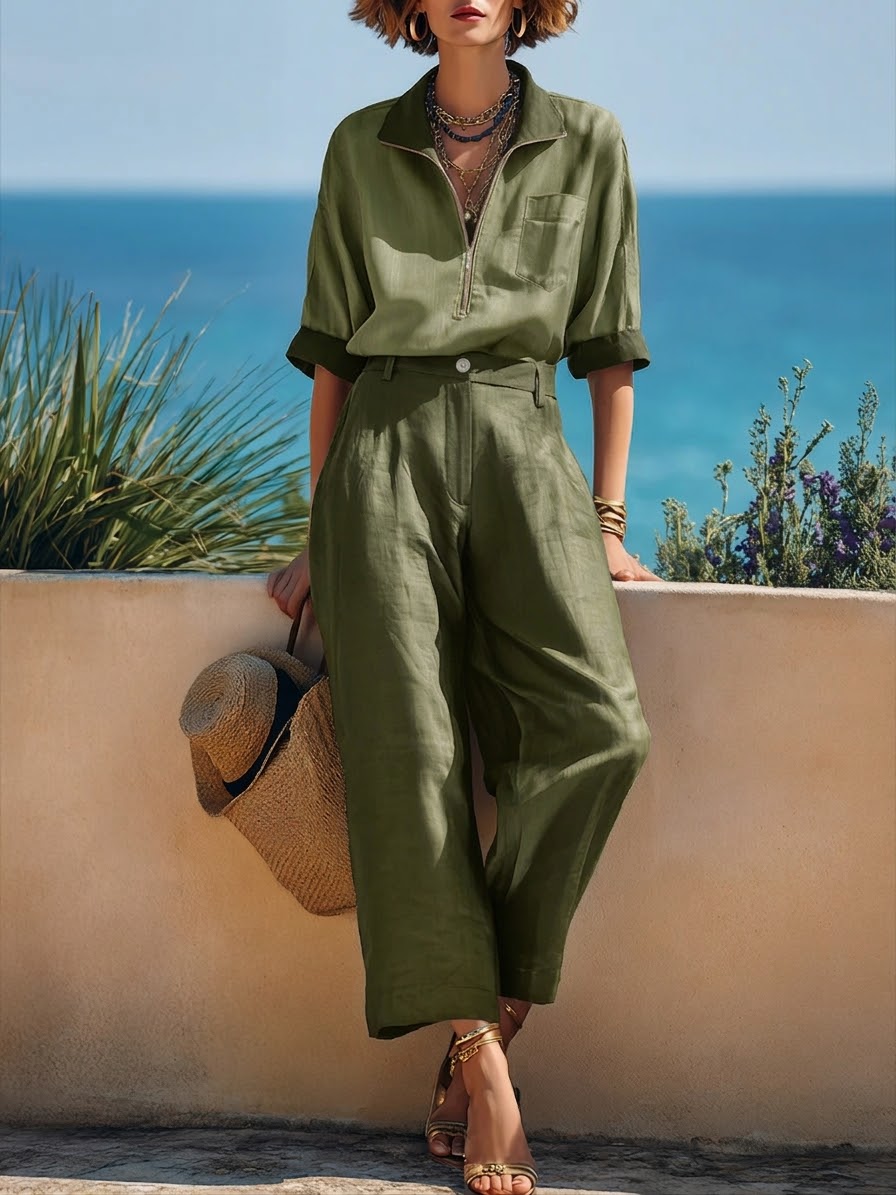 Casual Half-zip Linen And Cotton Color-blocked Shirt And Trousers Two-piece Set