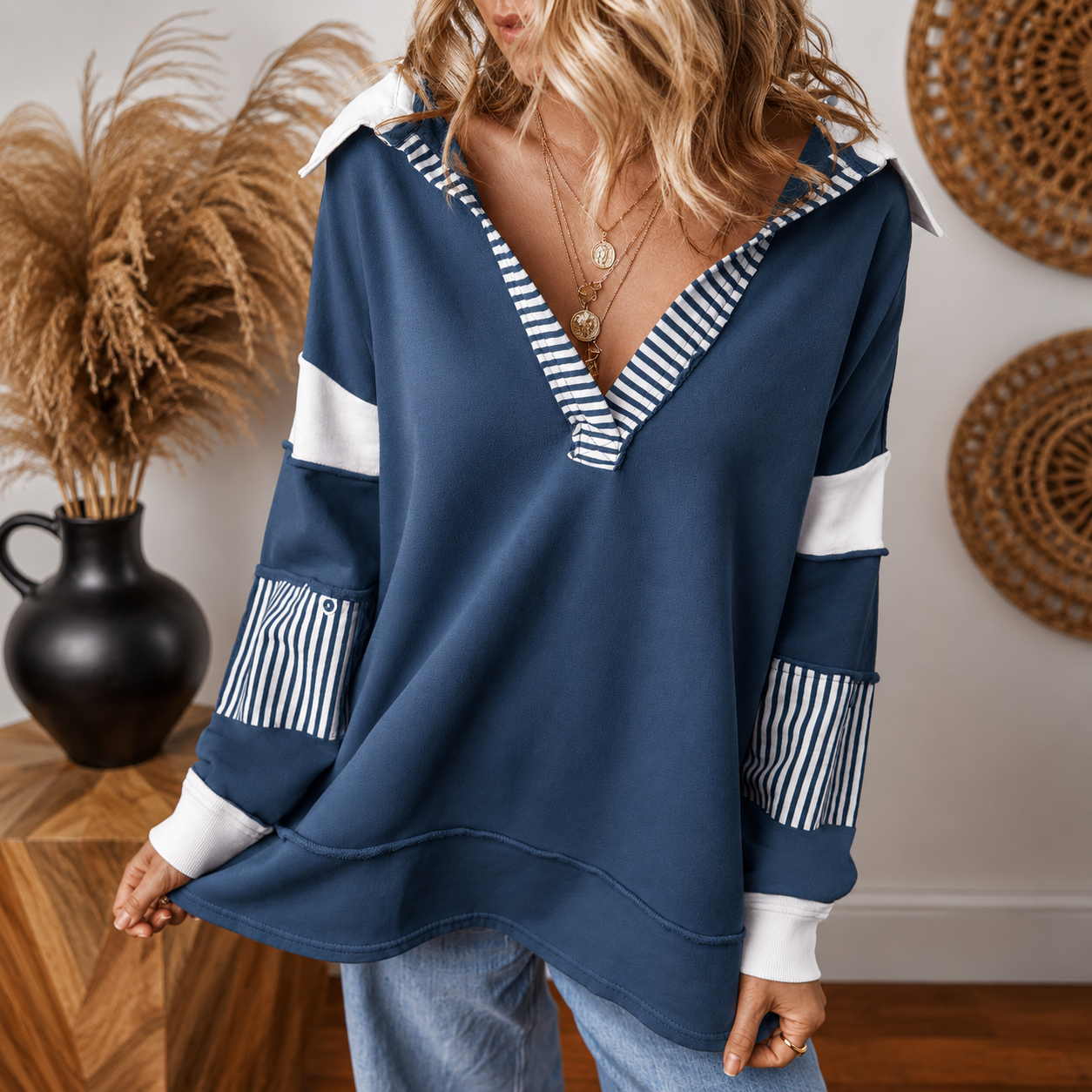 Colorblock Striped Johnny Collar Sweatshirt