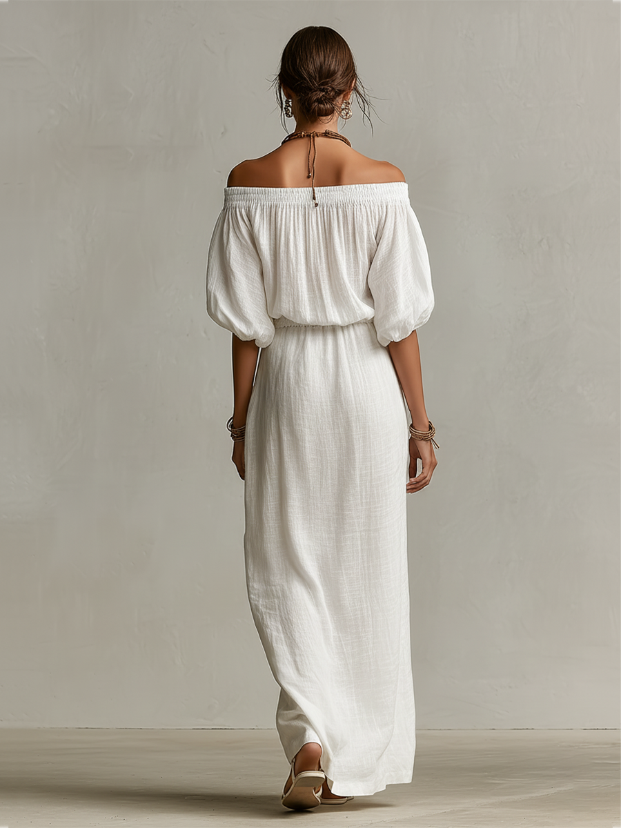 Women's White Linen Dress With Elasticated Off-Shoulder Detail & Drawstring Waist, Timeless Boho-Relaxed Style Dress