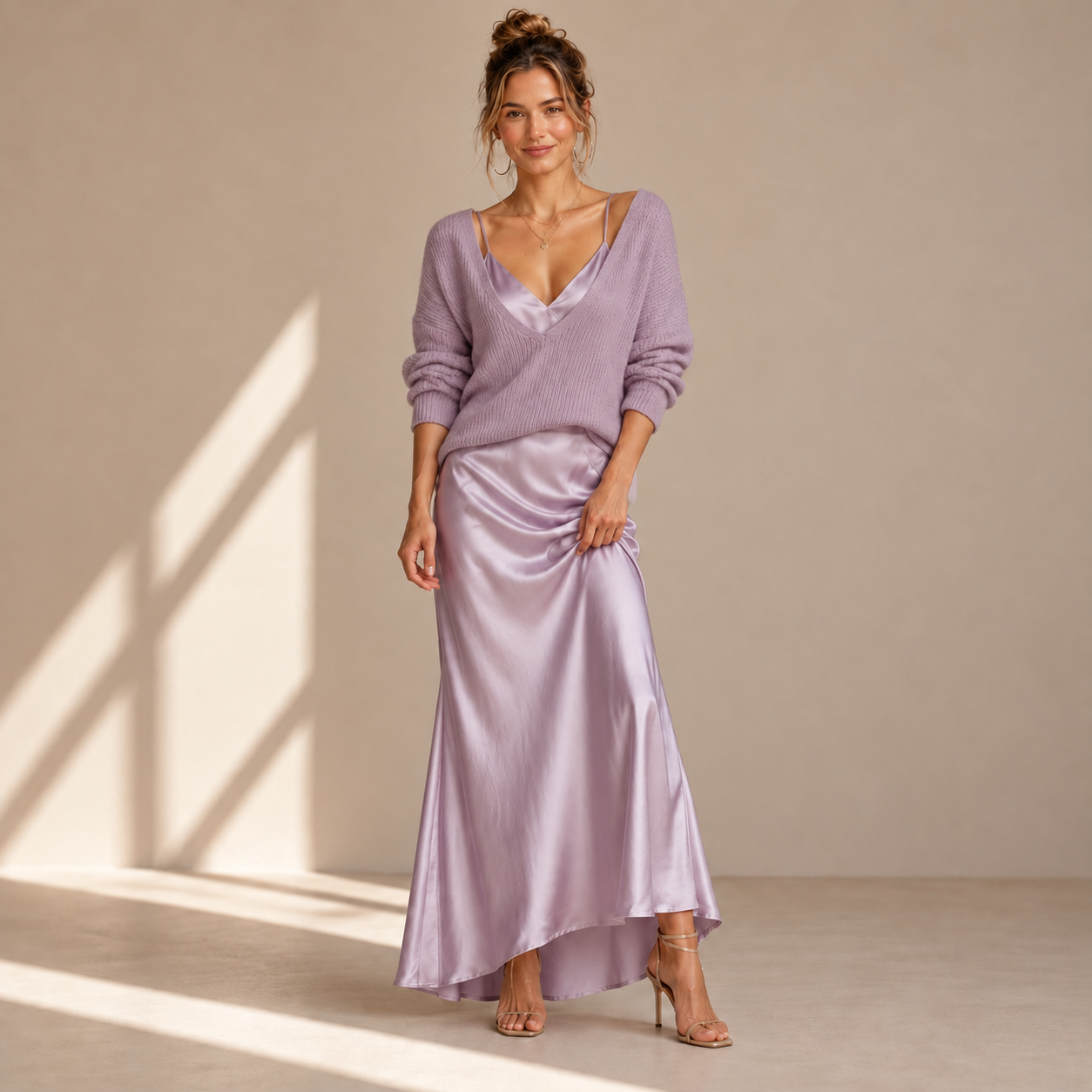 Satin Midi Dress with Included Sweater