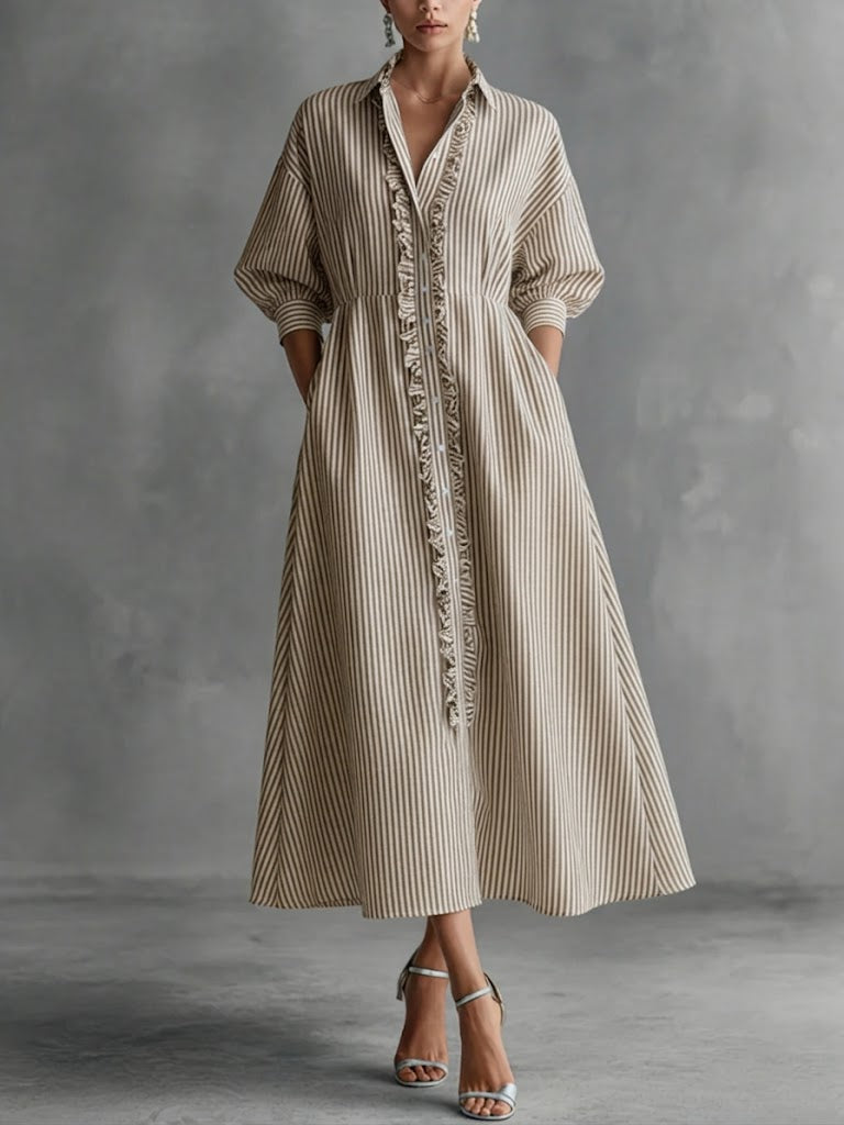 Casual Ruffled Striped Shirt Dress