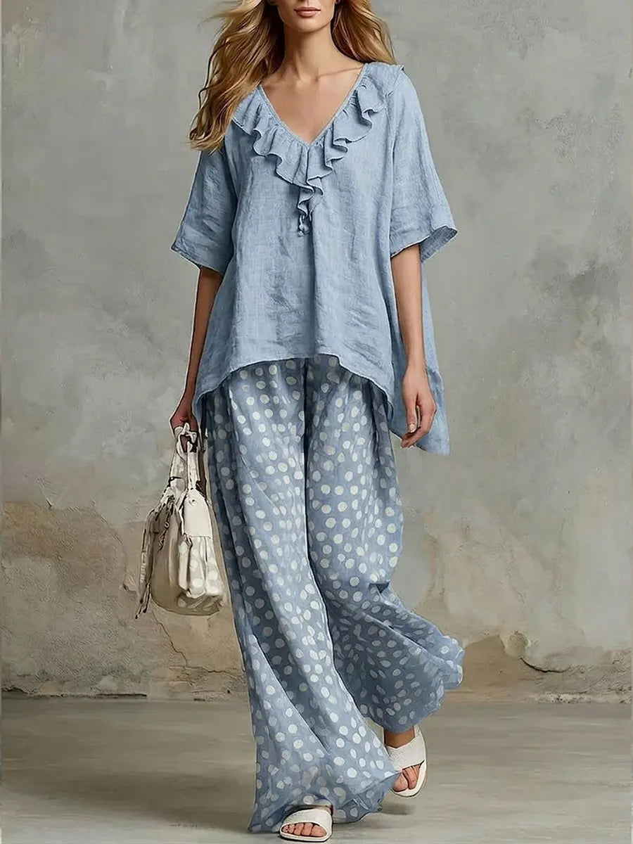 Women's Solid Color Ruffled Art Casual Top And Polka Pants Cotton Linen Suits
