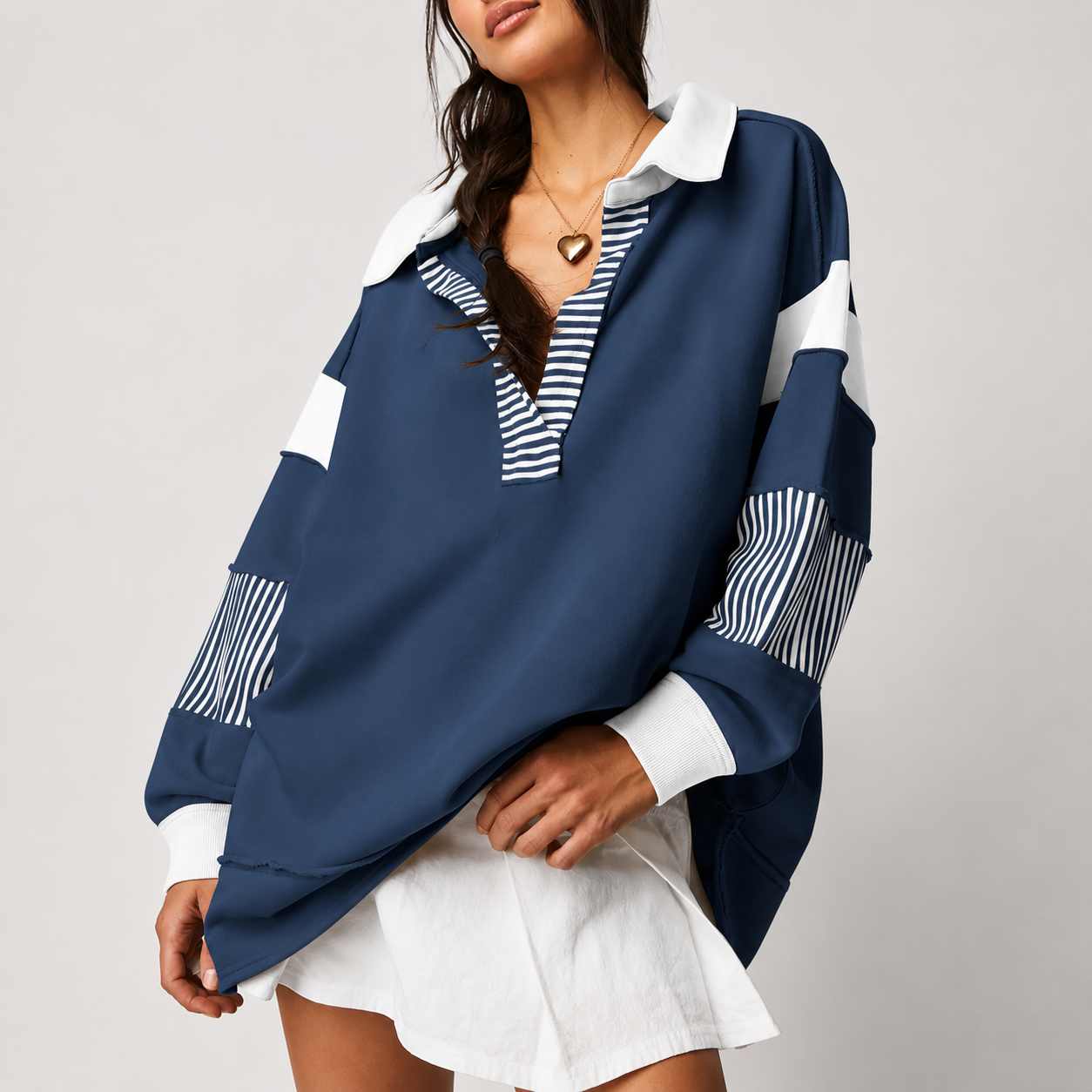 Colorblock Striped Johnny Collar Sweatshirt