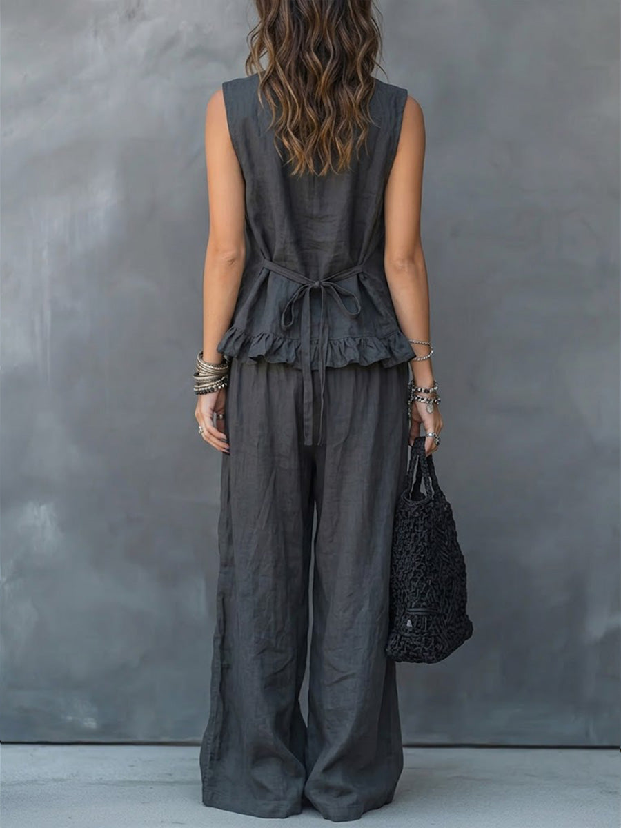 Women's V-neck Sleeveless Casual Loose Cotton Top With Elastic Waist And Wide-leg Pants Cotton Linen Set
