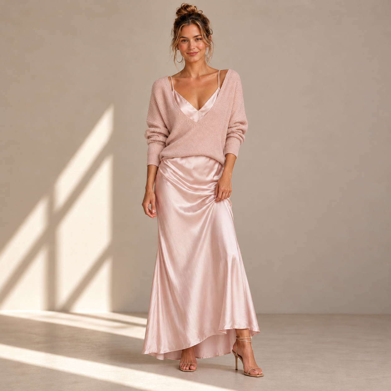 Satin Midi Dress with Included Sweater