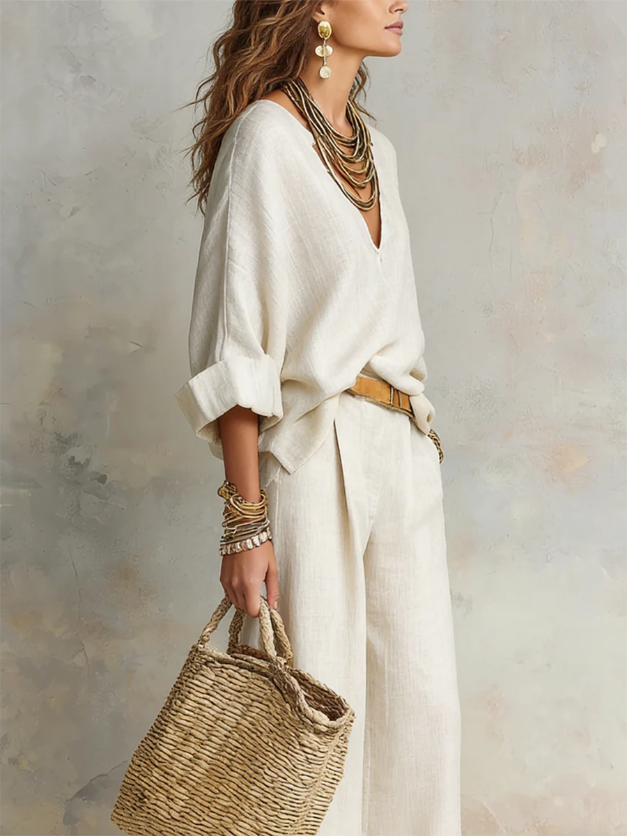 Cozy Minimalist V-neck Cotton-linen Two-piece Set