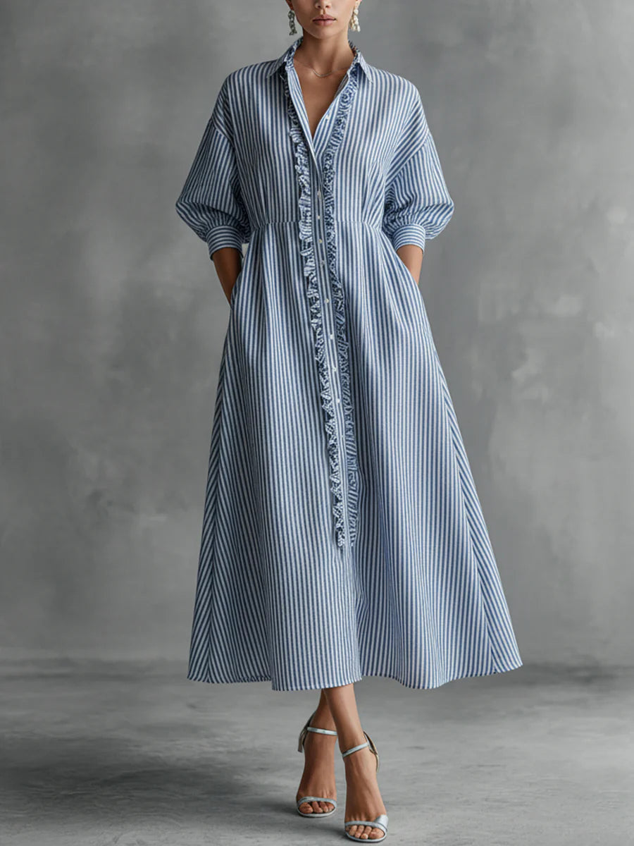 Casual Ruffled Striped Shirt Dress