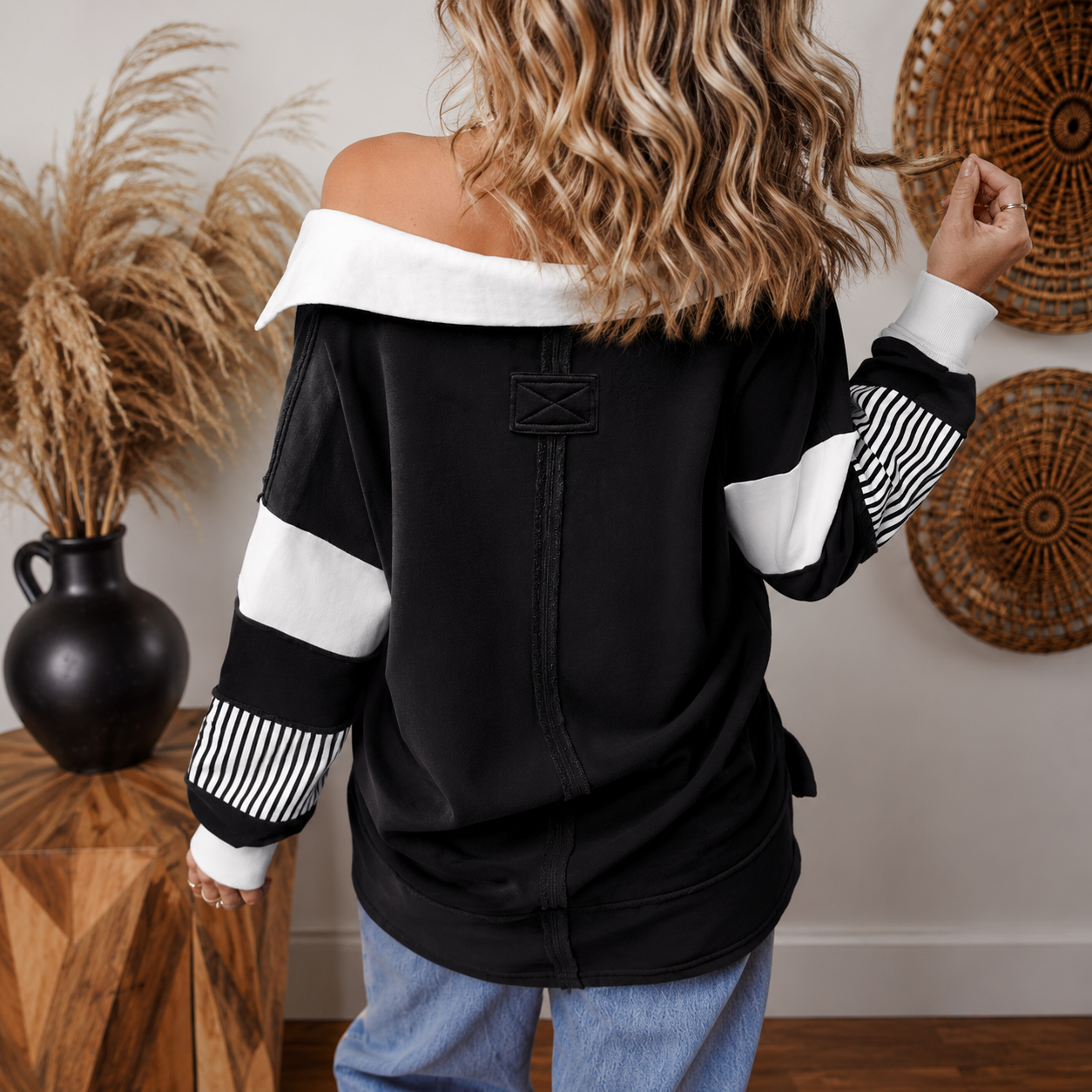 Colorblock Striped Johnny Collar Sweatshirt