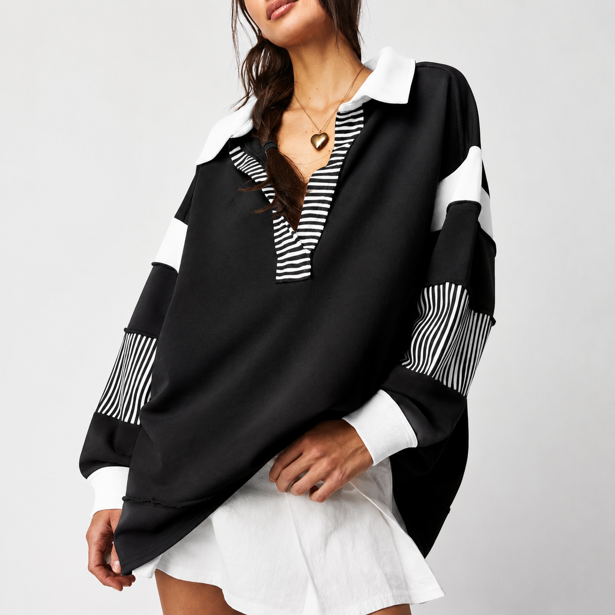 Colorblock Striped Johnny Collar Sweatshirt