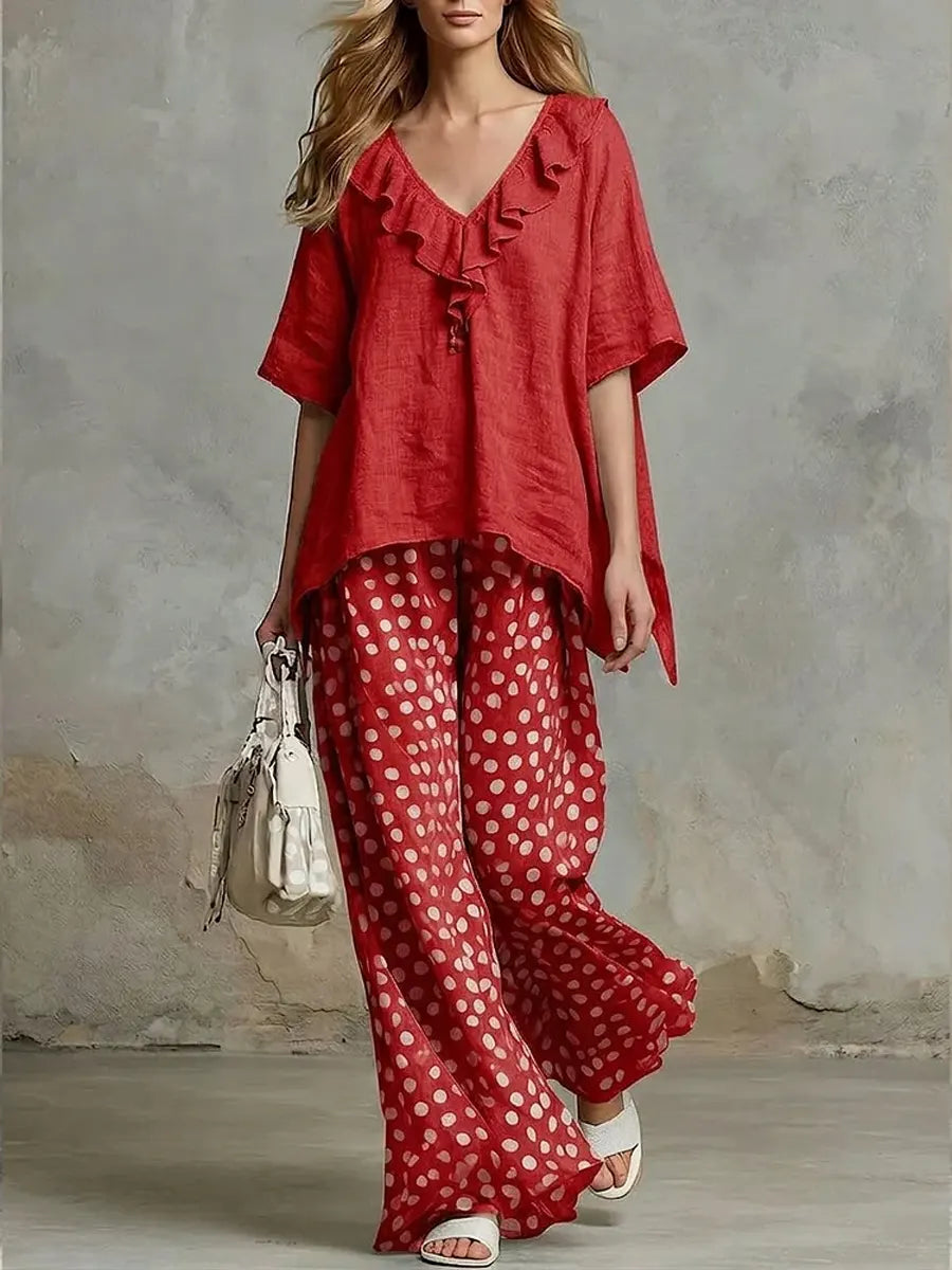 Women's Solid Color Ruffled Art Casual Top And Polka Pants Cotton Linen Suits