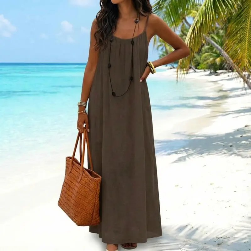 Women's Solid Color Cami Lounge Dress, Elegant Sleeveless Long Dress for Summer, Ladies Sleepwear for Indoor Wear