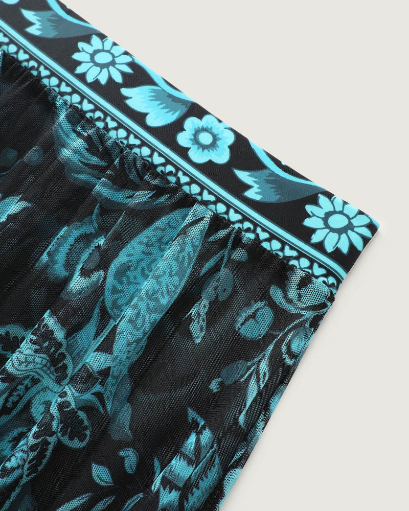 Two-Piece Floral Print Ruched Mesh Swimsuit, Sarong