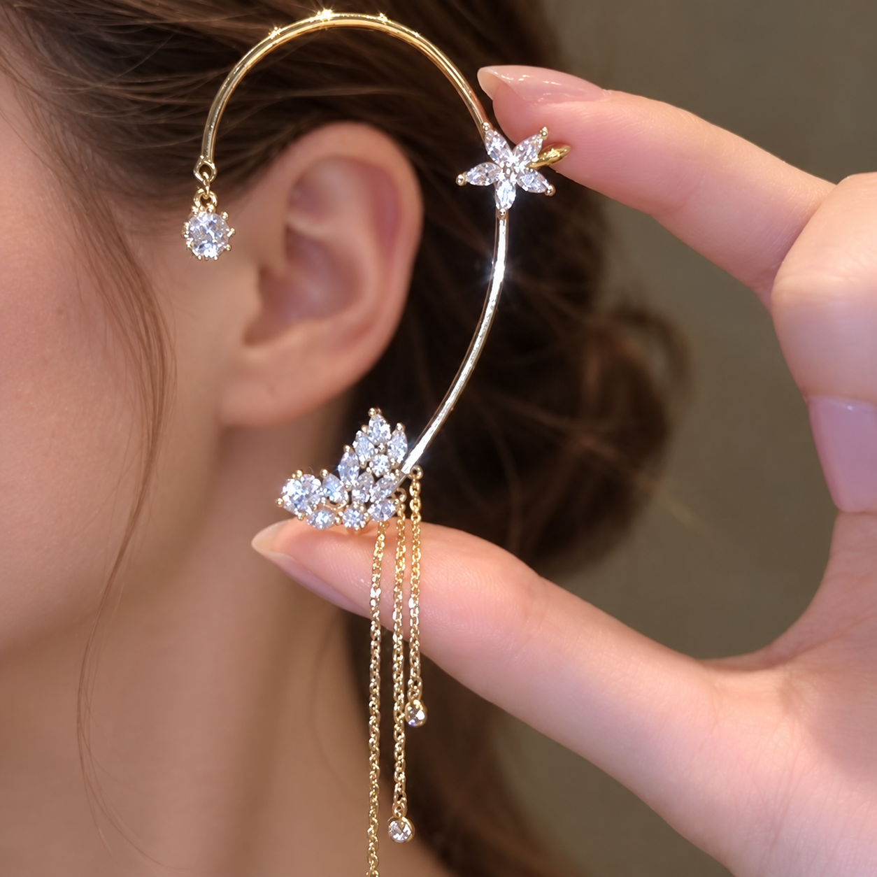 Lilyfall Ear Vine – No-Pierce Floral Crystal Cuff, Gold & Silver