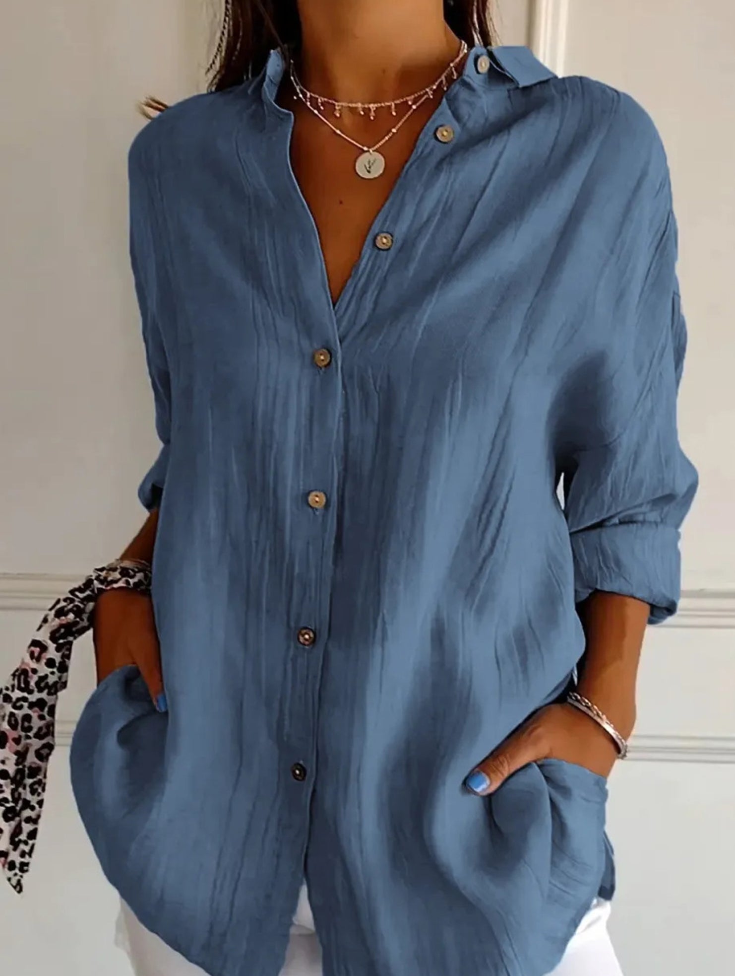 Solid Color Pleated Button-Up Shirt for Women_CWTBLL02038
