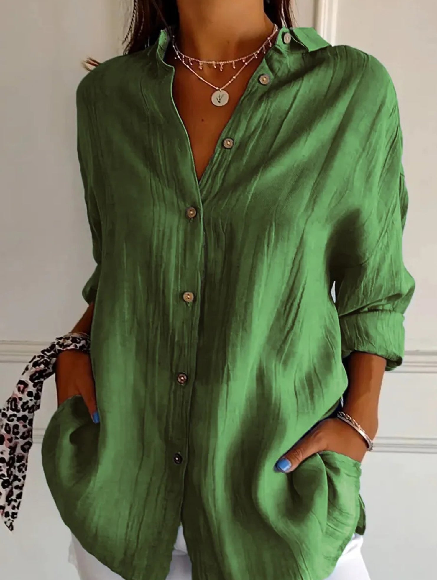 Solid Color Pleated Button-Up Shirt for Women_CWTBLL02038