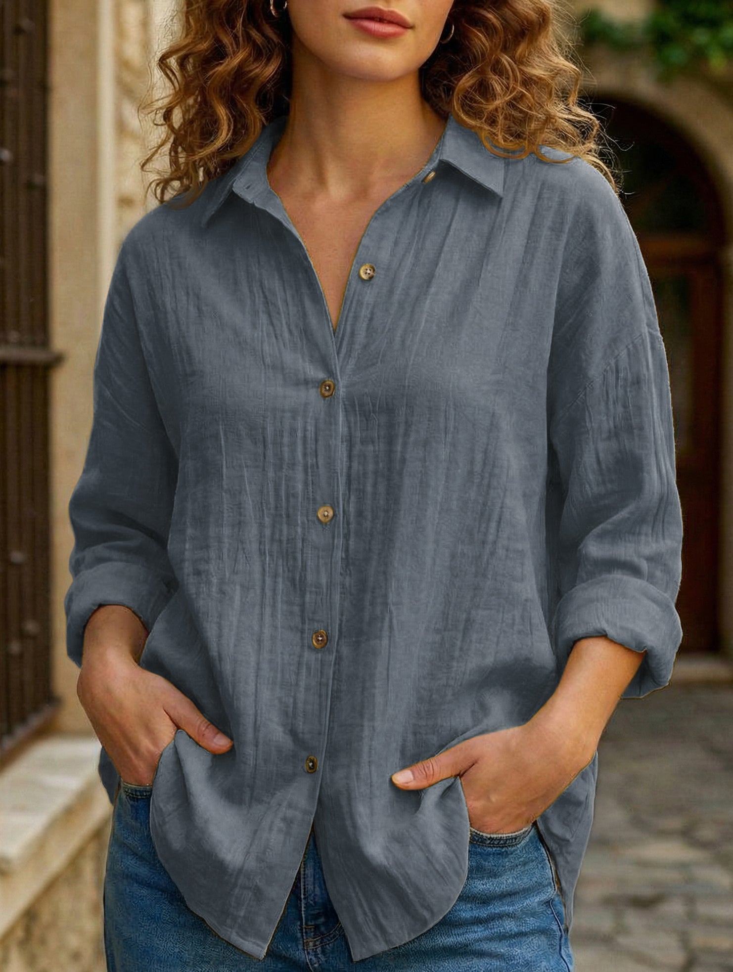 Solid Color Pleated Button-Up Shirt for Women_CWTBLL02038