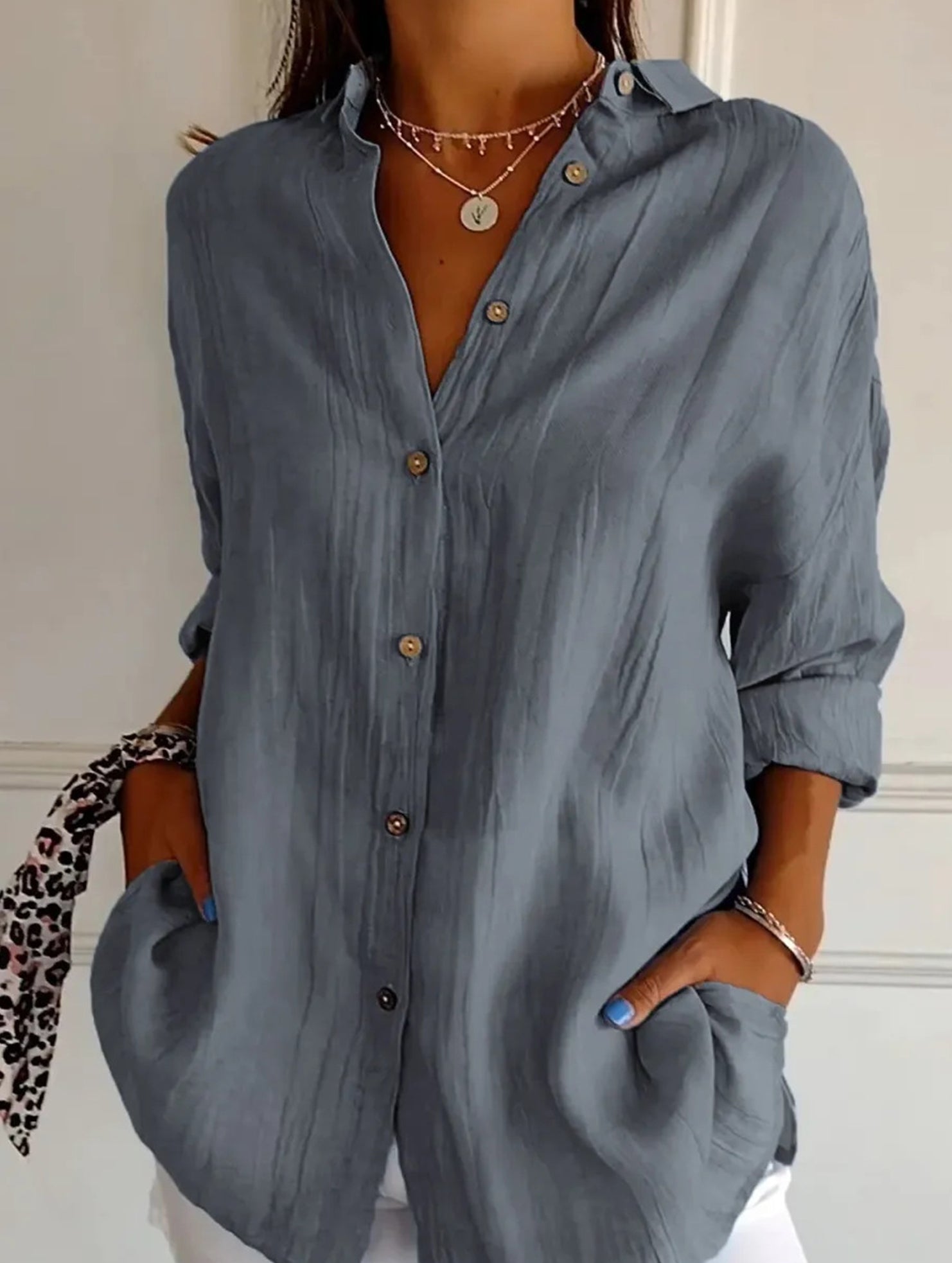 Solid Color Pleated Button-Up Shirt for Women_CWTBLL02038