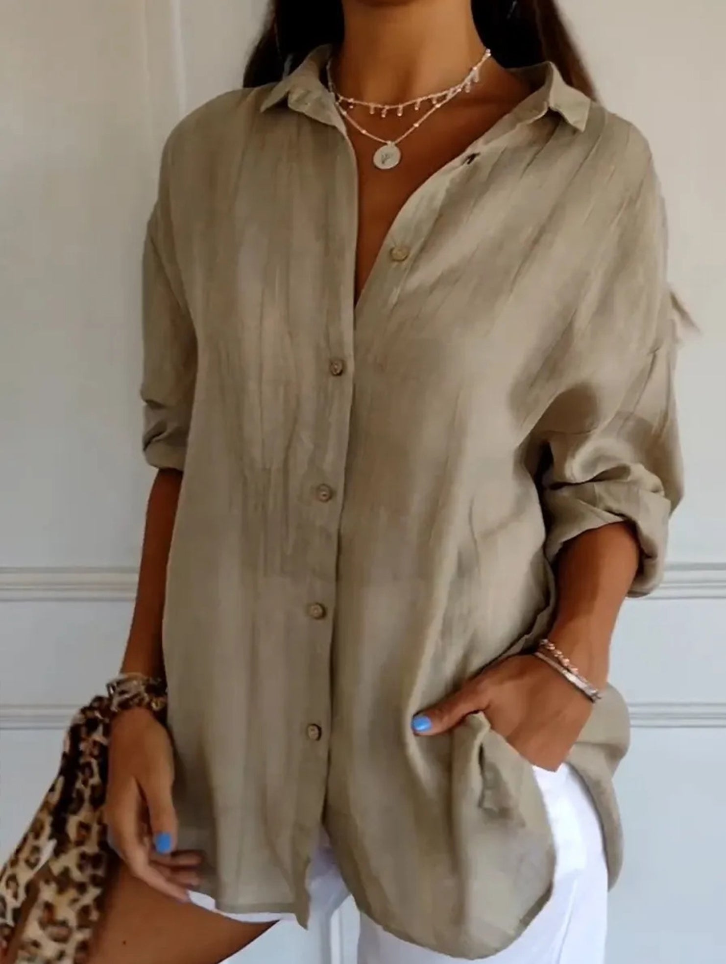 Solid Color Pleated Button-Up Shirt for Women_CWTBLL02038