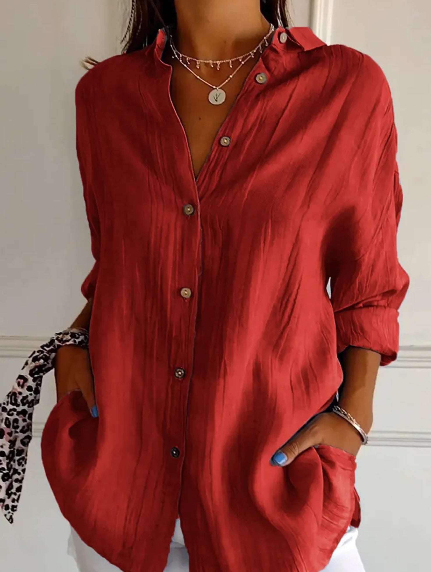 Solid Color Pleated Button-Up Shirt for Women_CWTBLL02038