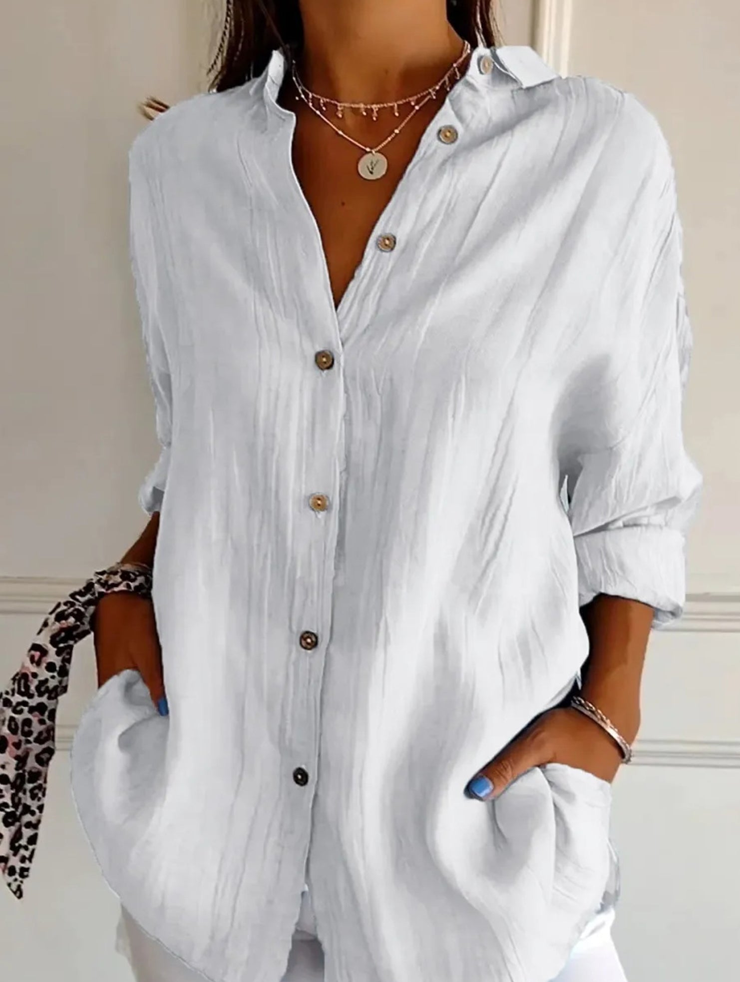 Solid Color Pleated Button-Up Shirt for Women_CWTBLL02038