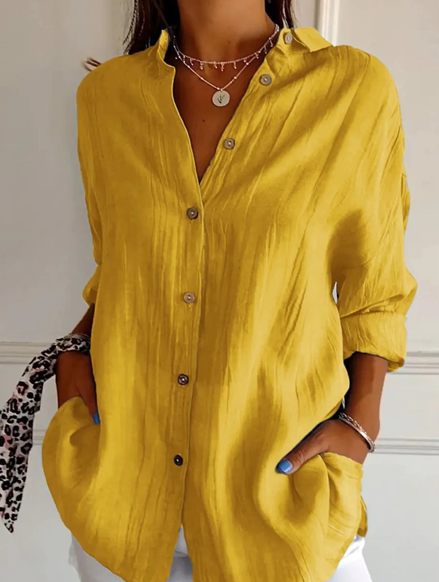 Solid Color Pleated Button-Up Shirt for Women_CWTBLL02038